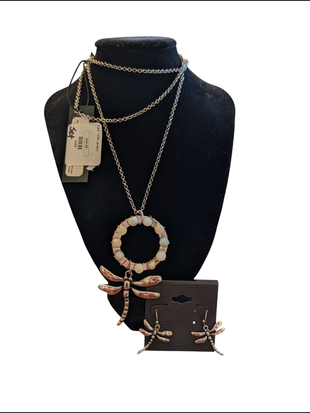 Silver Tone Dragonfly Pendant Necklace and Earrings Set - Pink/Opal Accents
